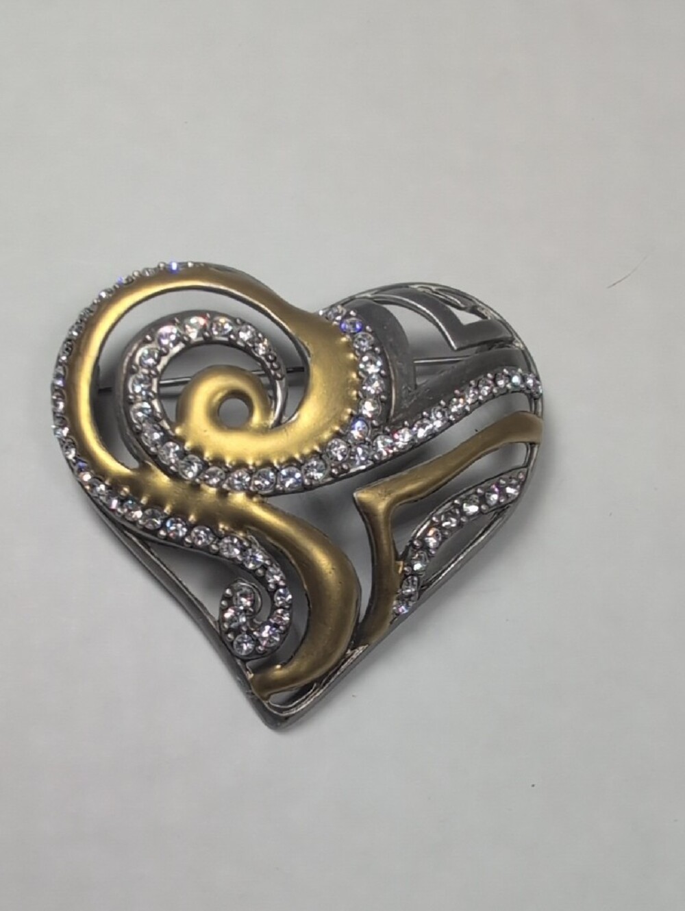 Chico's Two-Tone Gold and Silver Heart Brooch with Crystals 2 AHA 2008 - Picture 3 of 5